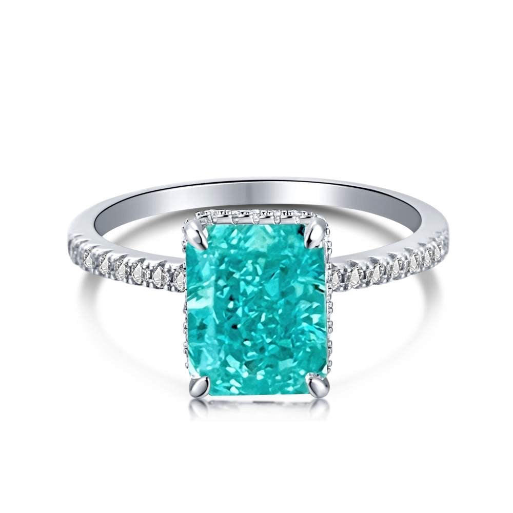 Anillo de diamantes radiantes de color turquesa