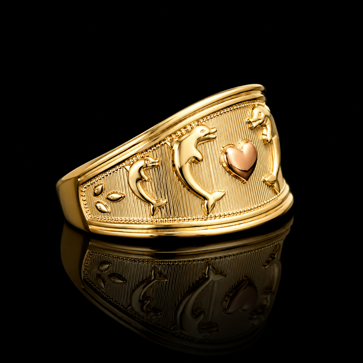 14K Gold Dolphin Heart Ring