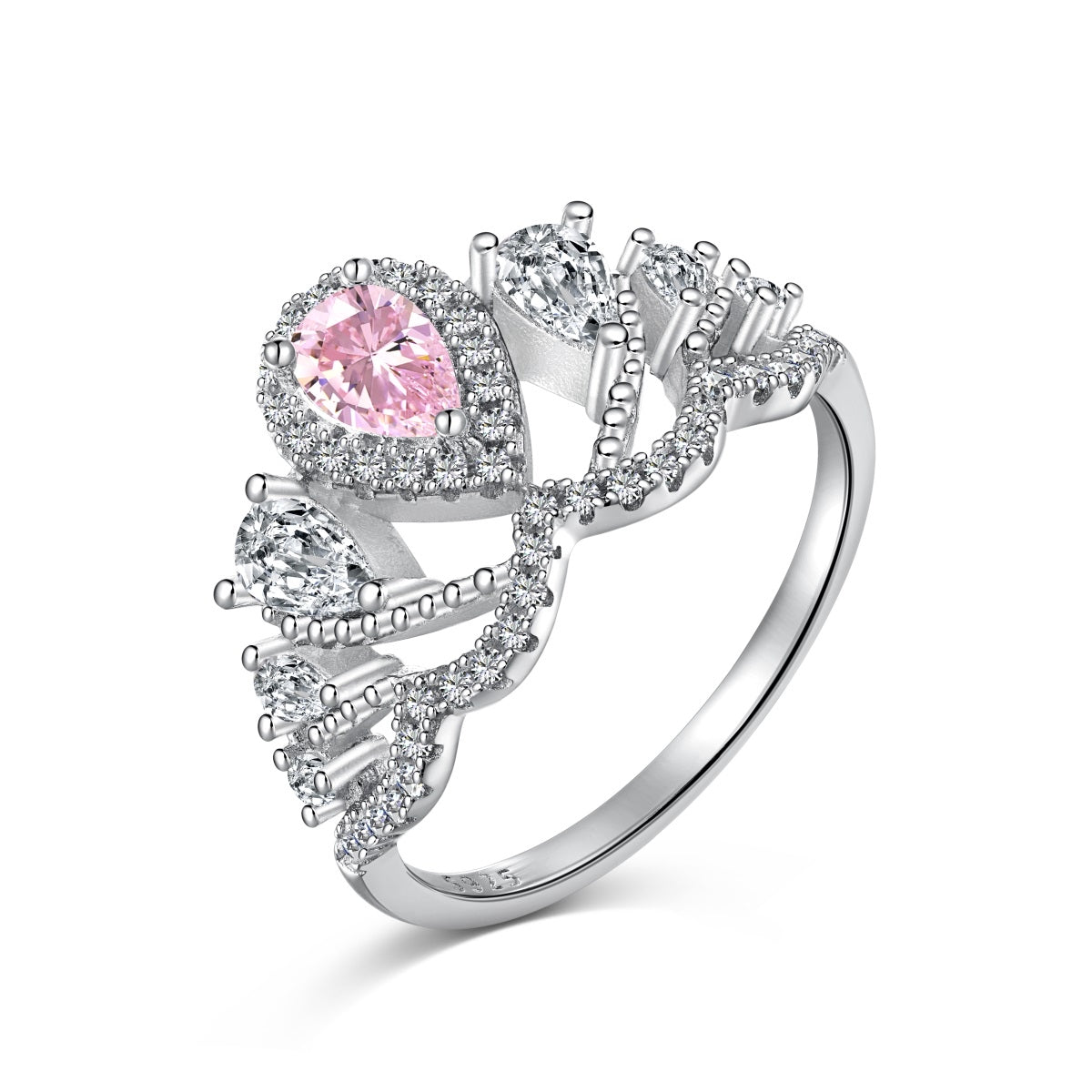 Anillo de diamantes con forma de pera rosa y corona