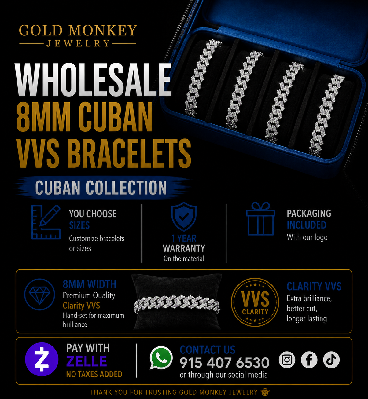Cuban VVS Bracelet 8mm (Wholesale)