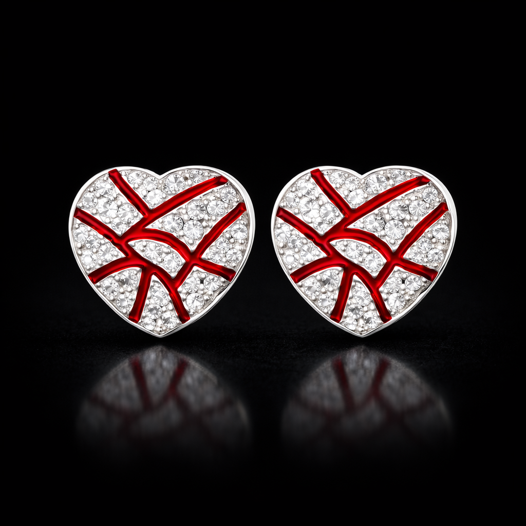 Juego de pendientes de esmalte rojo VVS con forma de corazón roto