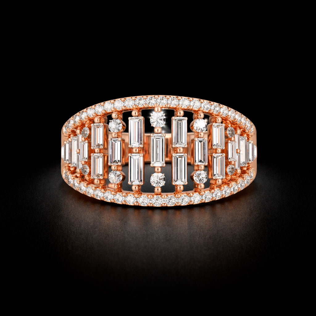 14K Gold Multi Row Round Natural Brilliant Cut & Baguette Natural Cut Ring