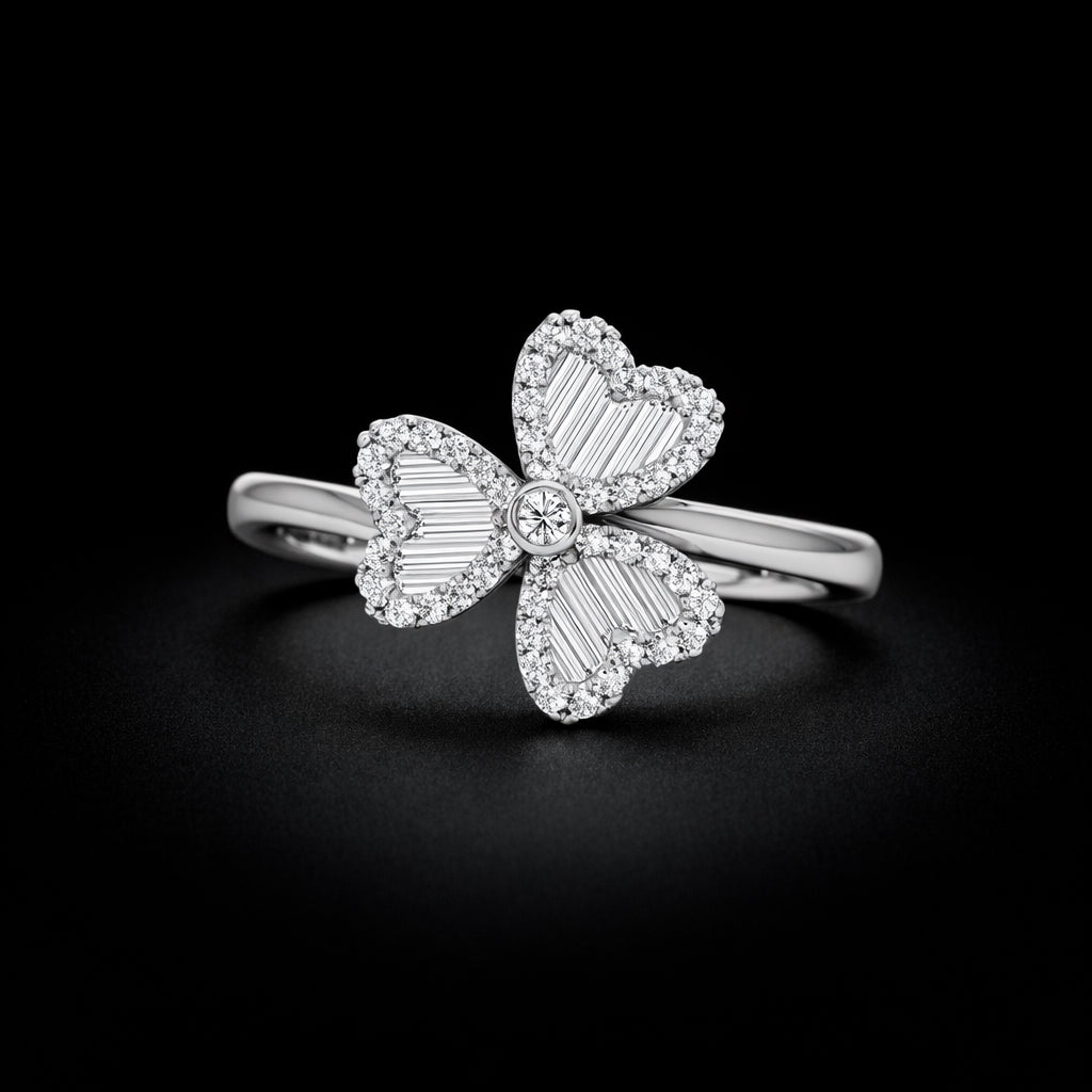 14K Gold Three Leaf Round Brilliant Cut & Baguette Cut Natural Diamond Ring