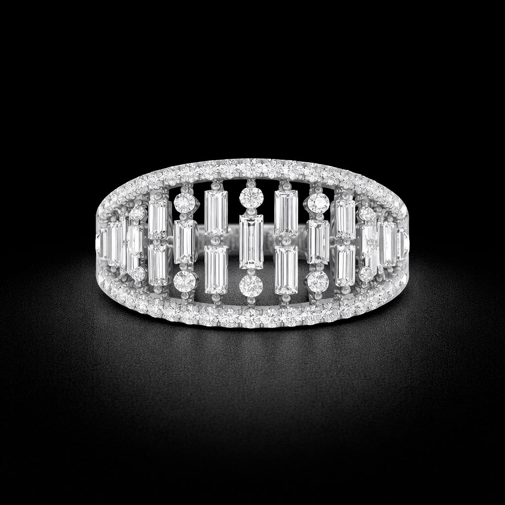 14K Gold Multi Row Round Natural Brilliant Cut & Baguette Natural Cut Ring