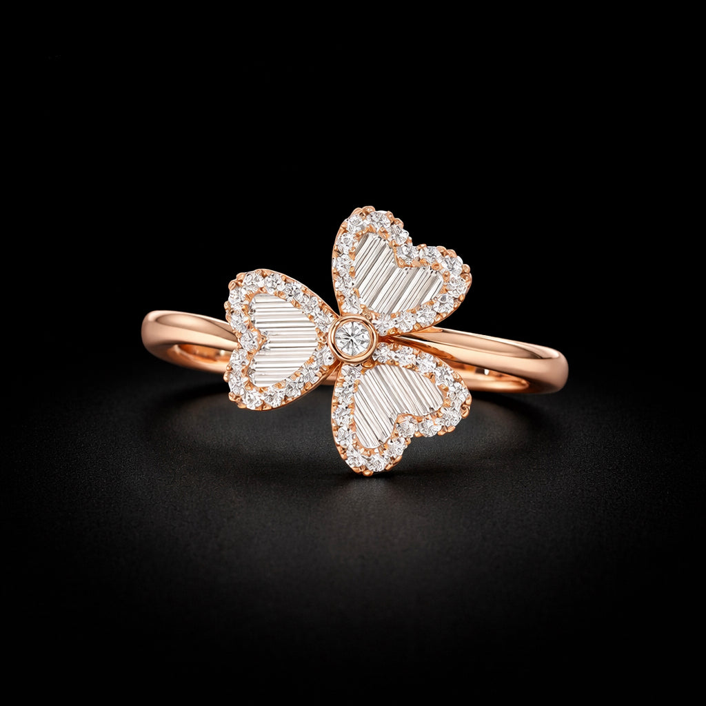 14K Gold Three Leaf Round Brilliant Cut & Baguette Cut Natural Diamond Ring