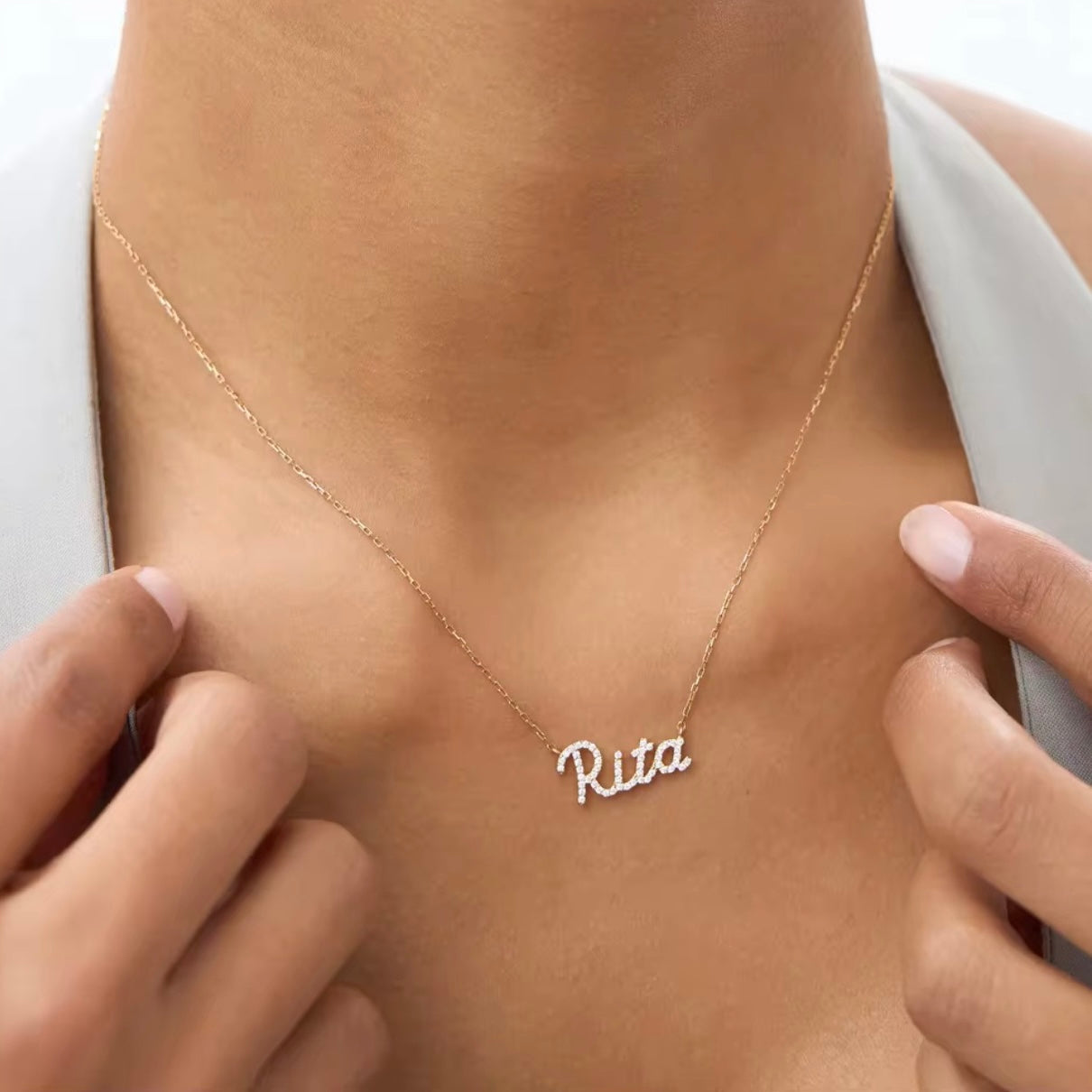 14K Gold Natural Diamond Custom Name Necklace