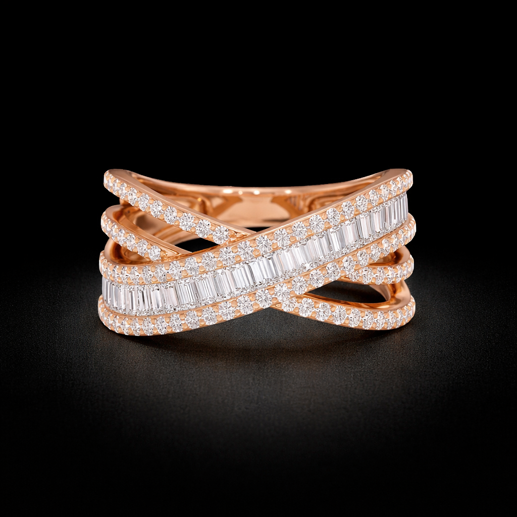 14K Gold Multi Row Cross Natural Emerald Cut and Oval Cut Diamond Ring