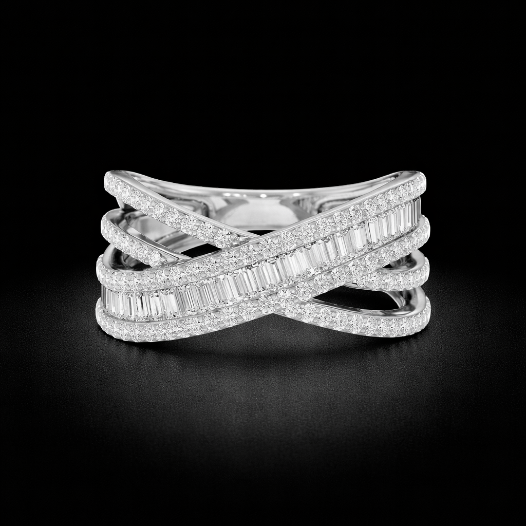 14K Gold Multi Row Cross Natural Emerald Cut and Oval Cut Diamond Ring