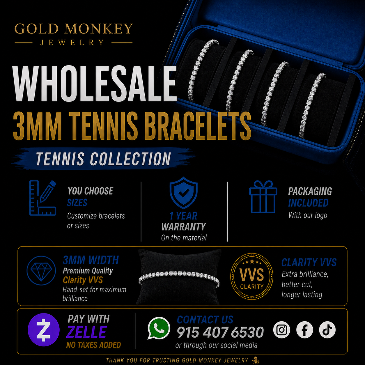 VVS Tennis Bracelet 3mm (Wholesale)